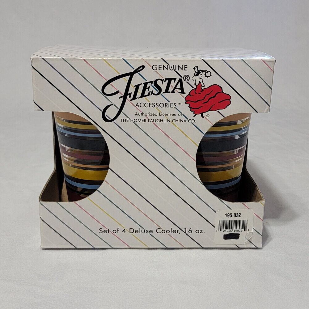 Genuine Fiesta Accessories (4) Cooler Glasses, New In Box, Tangerine Stripe
